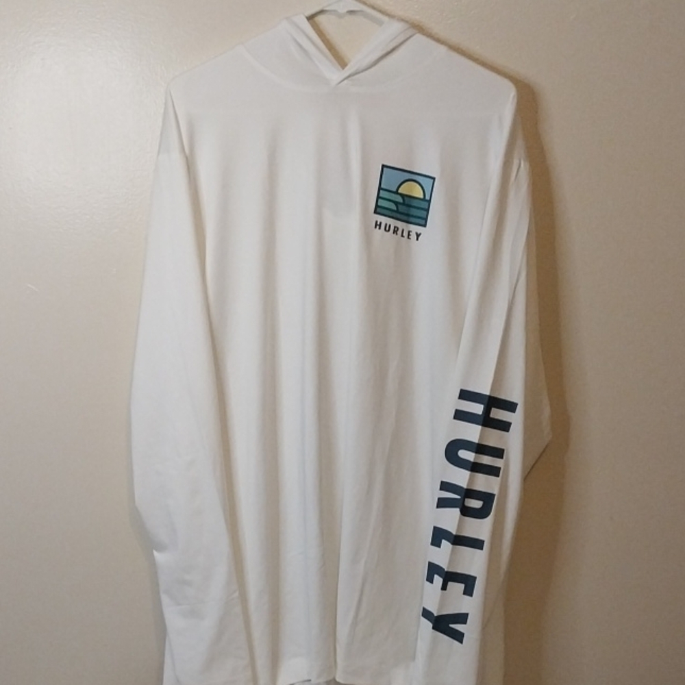 Hurley White Long Sleeve UV Hooded Tee with Blue Logo